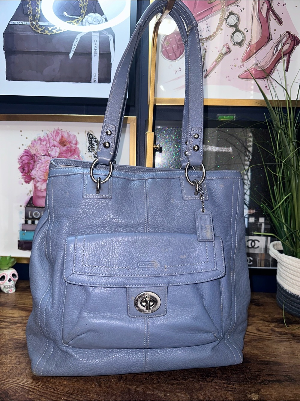 2012 Coach Pebbled Leather Shoulder Tote in Lavender Blue